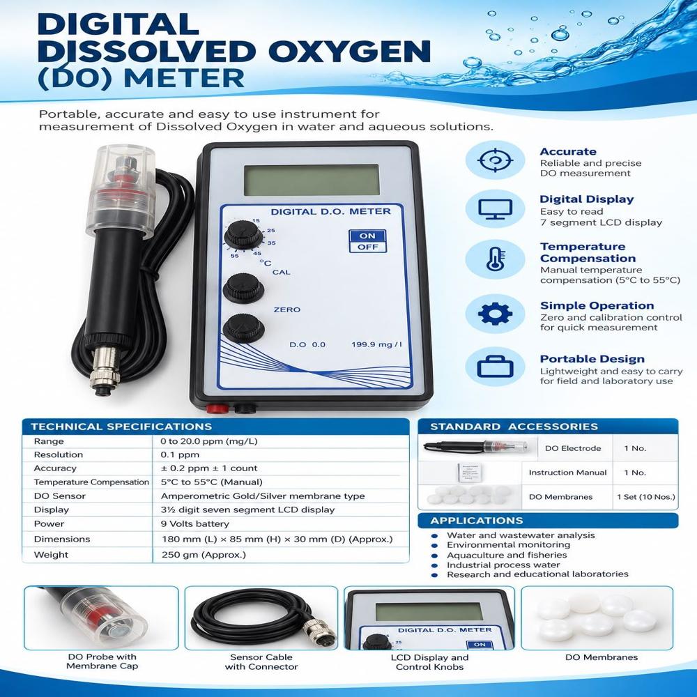 Dissolved Oxygen Meter - Mild Steel, Digital Display, White | Highly Stable & Accurate, Manual Temperature Compensation, Portable Model 95838