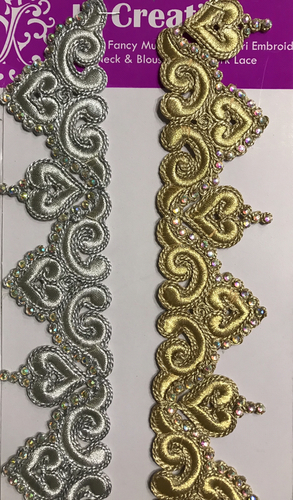 Code Dori Lace - 9 Meter Polyester Lace | Embroidery Worked with Gold Code Dori, Gold Jari, AV Diamond, and Cut Work Design