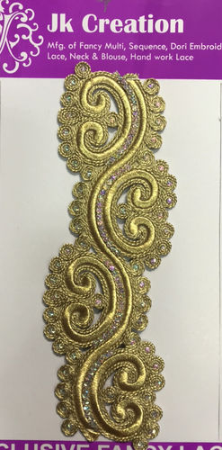 Code Dori Lace - 9 Meters Embroidered Gold Code Dori with AV Diamond and Cut Work Lace | Cotton and Polyester Material, Stone Decoration
