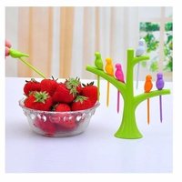 High Quality Plastic Bird Fruit Fork for Vegetable Fruits and Salad Plastic Fruit Fork Set with Stand, 6-Pieces