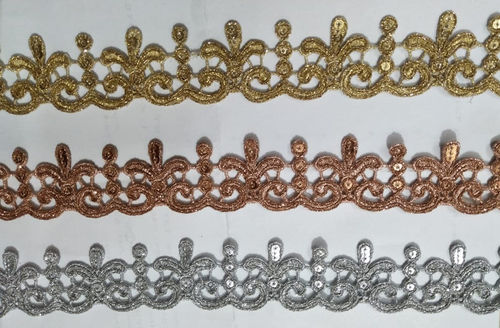 Chemical Glitter Dori Lace - Polyester, 9 Meter Length | Embroidered Pattern with Jari Work and Glitter detailing