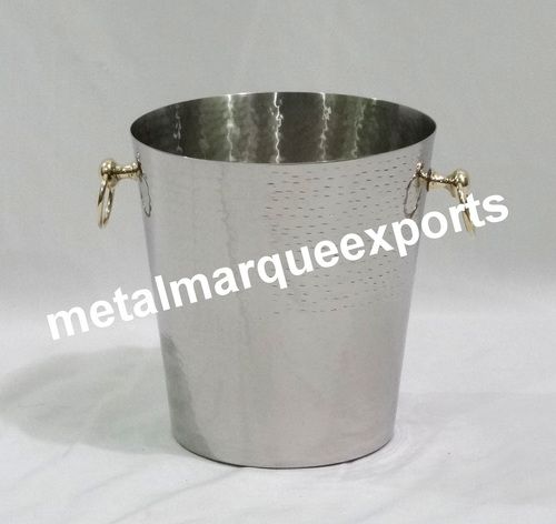 Silver Stainless Steel Hammered Ice Bucket With Brass Handle