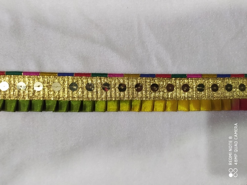 Malti Fancy Lace - Satin, 9 Miter Size, 105 Inch Length | Malti Jari and Ani Color, Checked Pattern, One Sided with 11mm Multicolor Paiping