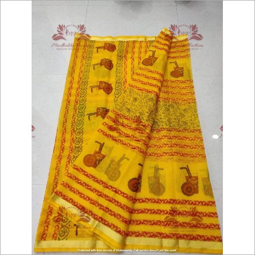 Yellow Kota Doria Block Print Saree