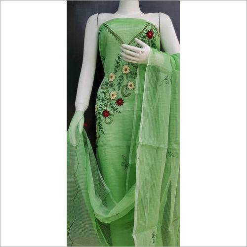 Fancy Green Unstitched Kota Doria Embroidery Dress Material