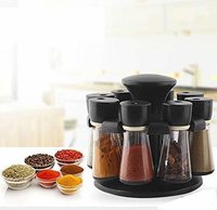 Premium 8 Piece Multipurpose Revolving Plastic Spice Rack Storage Jar Condiment Set (black)