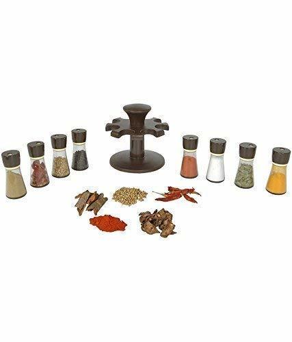 Premium 8 Piece Multipurpose Revolving Plastic Spice Rack Storage Jar Condiment Set (Black)