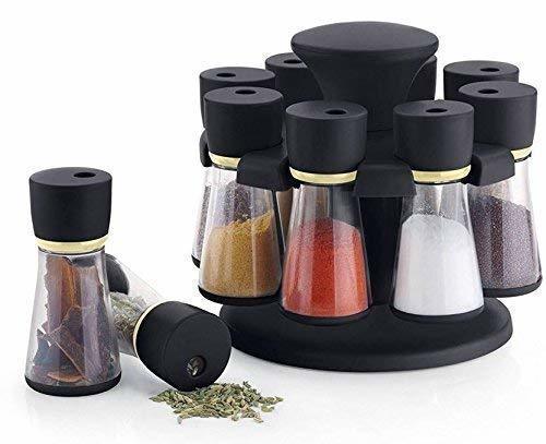 Premium 8 Piece Multipurpose Revolving Plastic Spice Rack Storage Jar Condiment Set (Black)