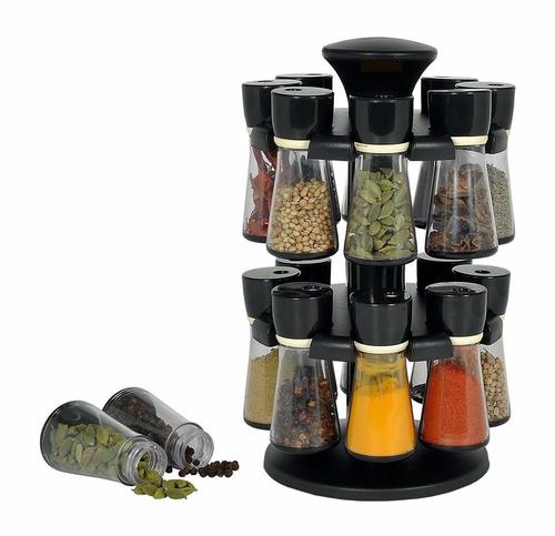 Premium 12 Piece Multipurpose Revolving Plastic Spice Rack Storage Jar Condiment Set (Black)