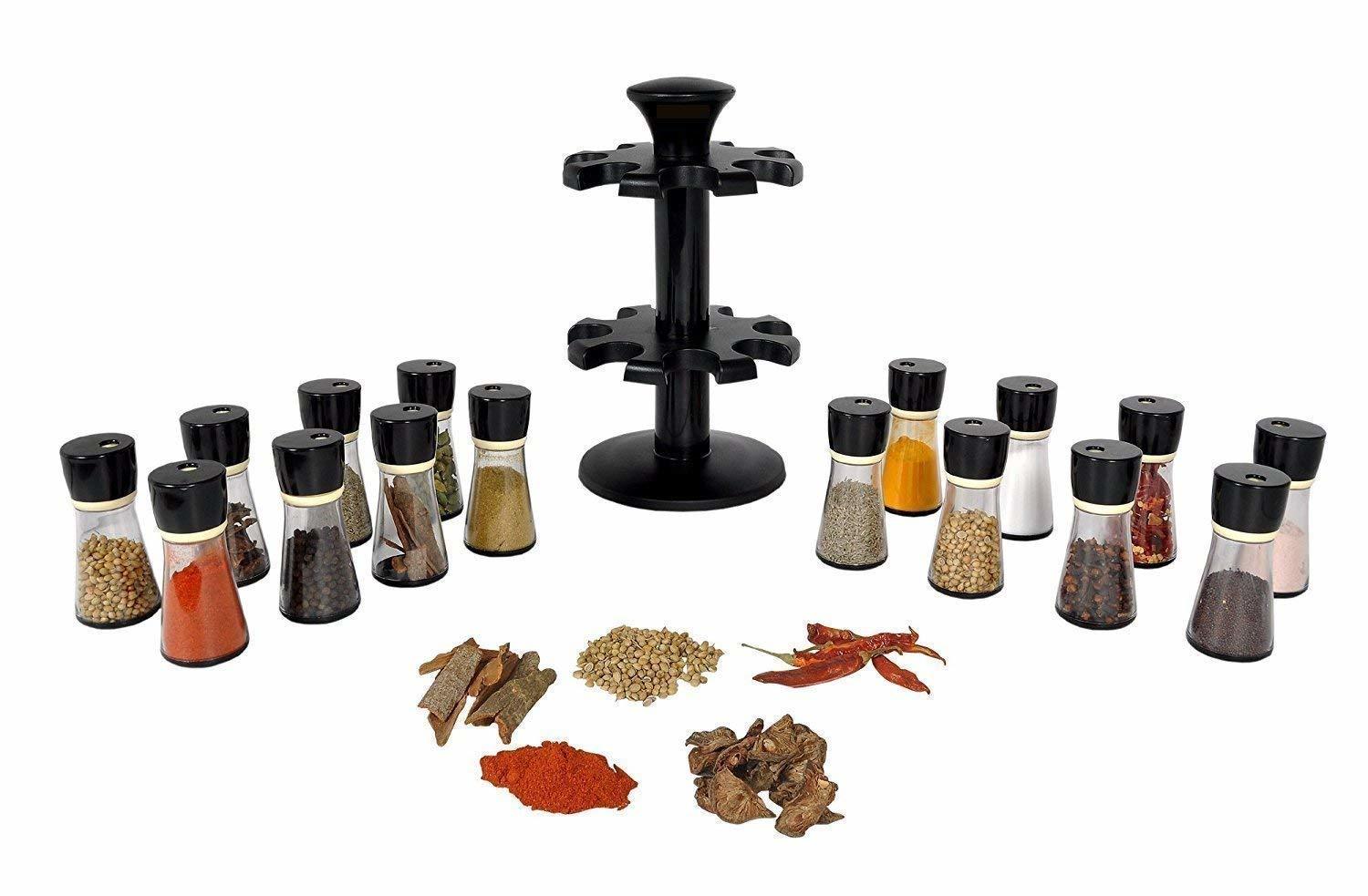 Premium 12 Piece Multipurpose Revolving Plastic Spice Rack Storage Jar Condiment Set (Black)