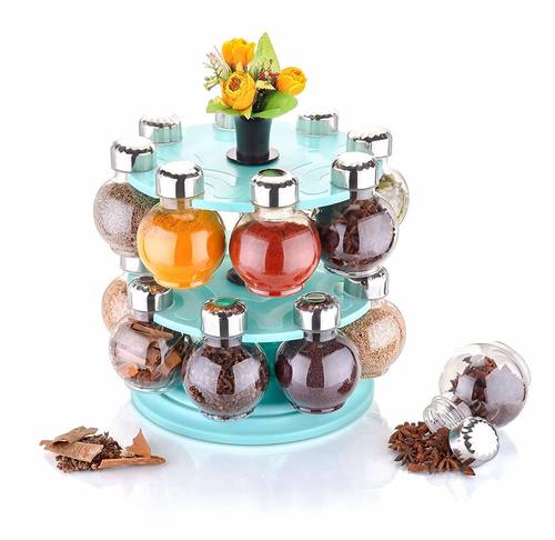 360 Degree Revolving Round Shape Transparent Pack of 16 Jar Spice Rack/Container