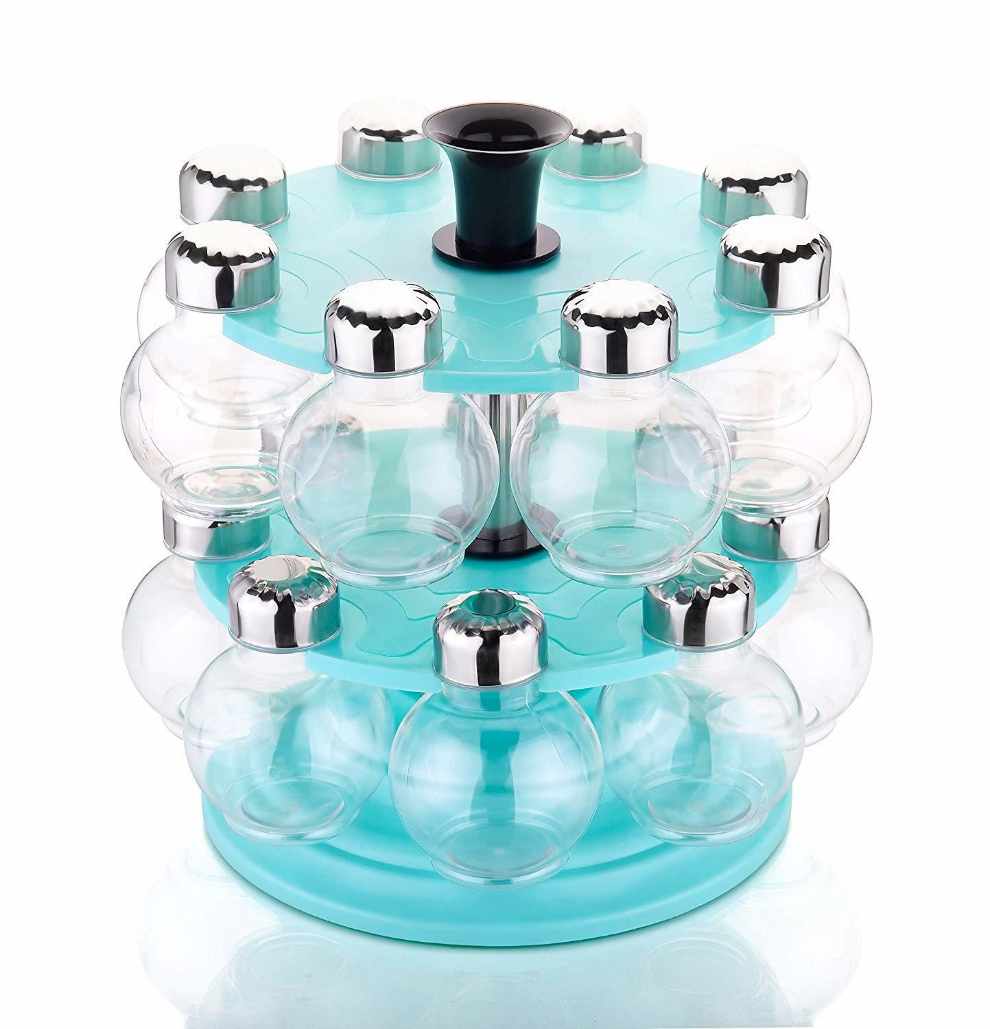 360 Degree Revolving Round Shape Transparent Pack of 16 Jar Spice Rack/Container