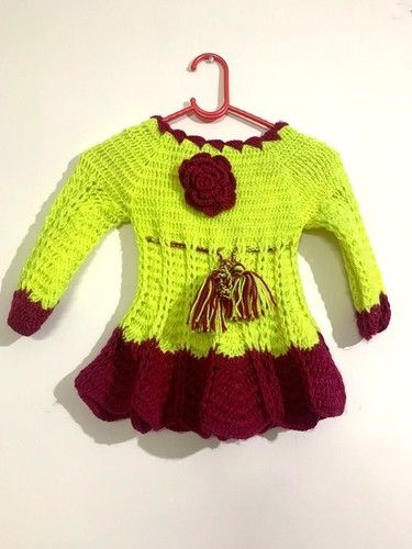 Maroon And Fluorescent Green Hand-knit Sweater