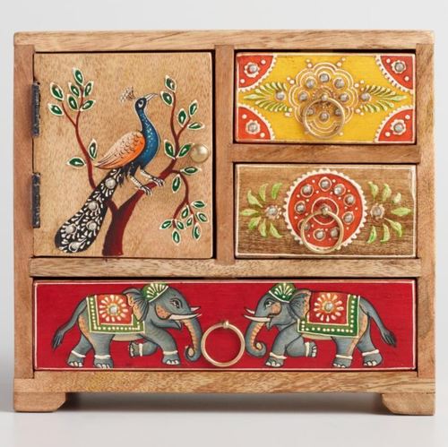 Wooden Handicraft Small Storage Unit Rajasthani Art With 3 Drawers 1 Cabinate