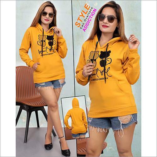 Ladies Yellow Stylish Hoodie Sweatshirt - Cotton Blend, Sizes S, M, L, XL , Full Sleeves for Winter Fashion with Indian Ethnic Flair
