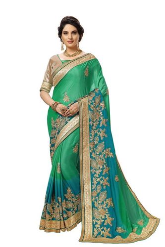 Green Satin Embroidered Work Saree