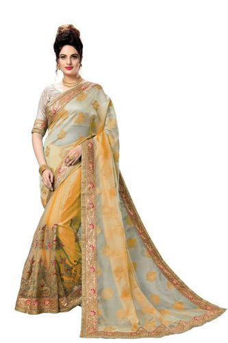 Organza Satin & Net Embroidered Saree - 5.50m Length, Unstitched Brocade Silk Blouse Piece, Green & Peach Hue with Ethnic Resam Embroidery and Floral Pallu