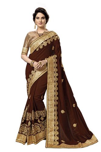 Red Satin Embroidered Work Saree