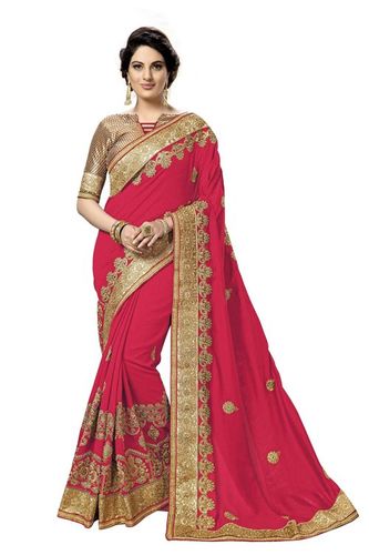 Red Satin Embroidered Work Saree