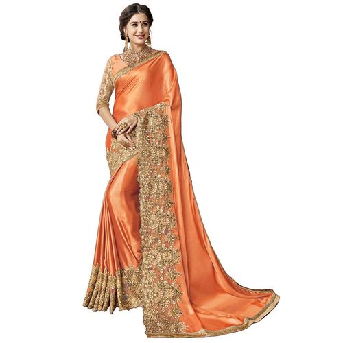 Golden Lycra Silk Blend Embroidered Work Saree