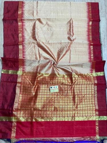 Party Wear Pure Dupion Raw Silk Handloom Double Sided Temple Border Saree