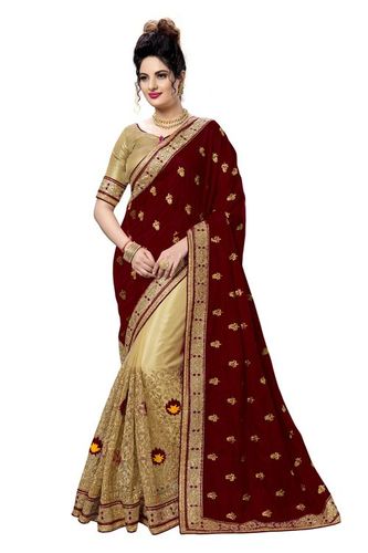 Red Silk & Net Embroidered Work Saree