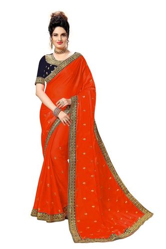 Rangoli Georgette Embroidered Work Saree - 5.50 Mts Length, Unstitched Dupion Silk Blouse Piece, Rich Red and Green with Stone Work