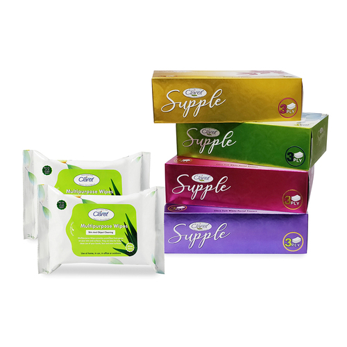 Claret Sixer Pack Supple 4 In 1 Facial Tissue Box With Aleovera Wet Wipes (Skin & Object Cleaning) 2 Pack Of 25 Wipes By PARAMOUNT UNIVERSAL PRIVATE LIMITED