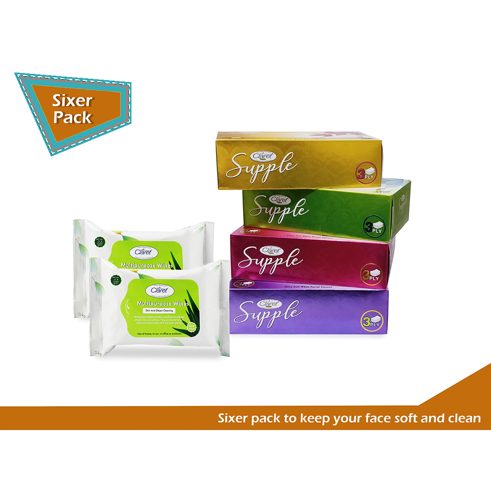 Claret Sixer Pack Supple 4 In 1 Facial Tissue Box With Aleovera Wet Wipes (Skin & Object Cleaning) 2 Pack Of 25 Wipes