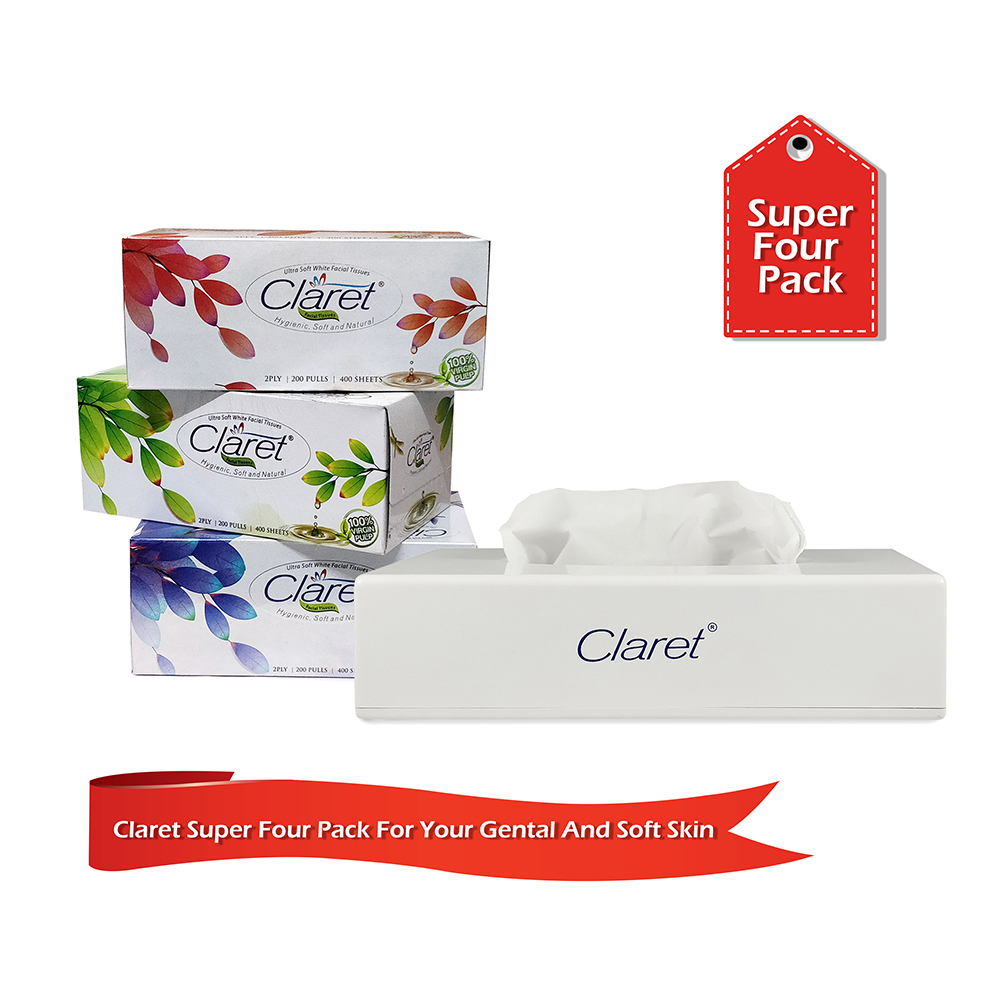 Claret Super 4 Pack 3 In 1 Facial Tissue Box With Big Facial Tissue Dispenser