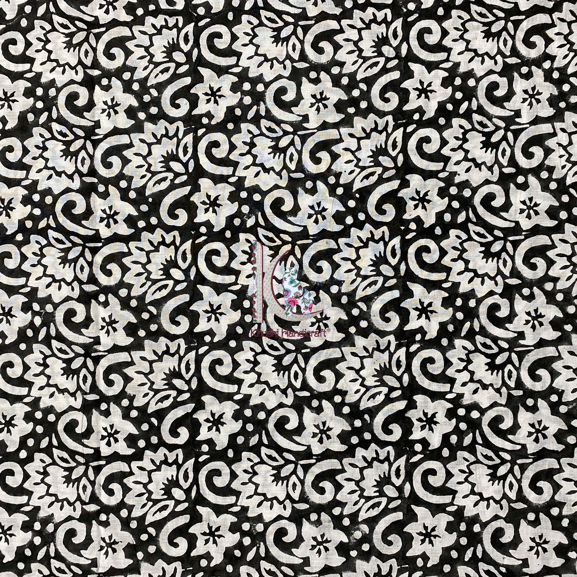 Beautiful Hand Block Print Fabric Black Floral Print Indian Fabric For Western Dress