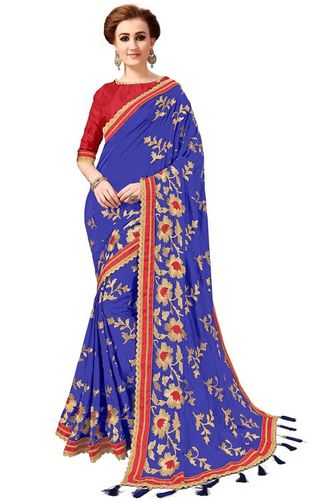 Red Floral Design Silk Embroidery Work Saree