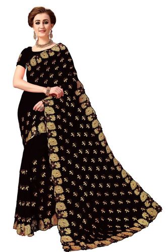 Black Net Embroidery Work Saree
