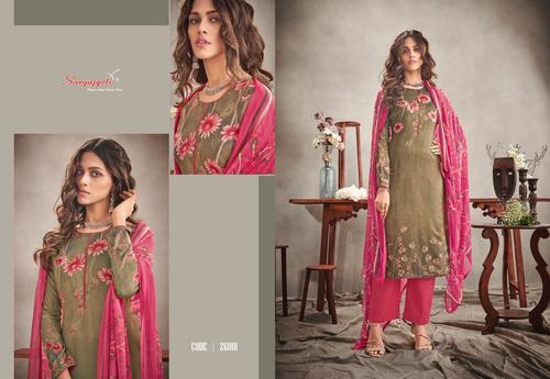 NAISHAA VOL-26 - Satin Cotton Salwar Suit with Chiffon Dupatta , Brown Color , 2.5-2.5-2.25 Cut , Packed in Exclusive Pouch & Leather Bag