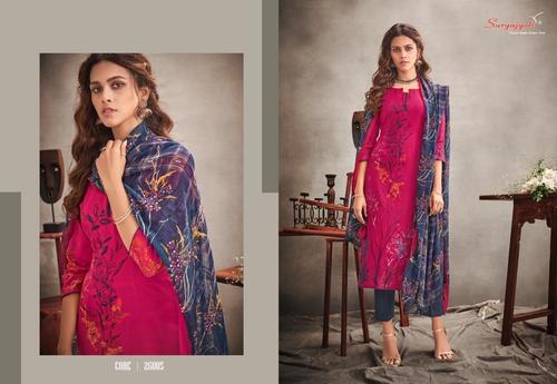 NAISHAA VOL-26 - Satin Cotton Material, 2.5-2.5-2.25 Size, Pink Color | Includes Chiffon Dupatta, Comes with Exclusive Pouch & Leather Bag