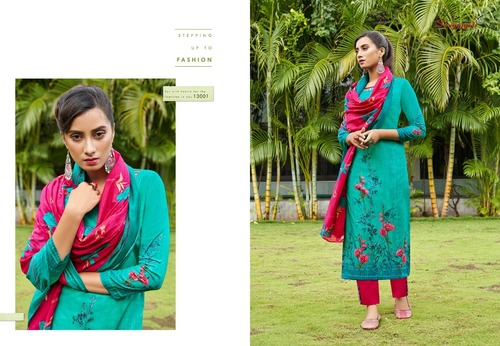 Nargis Cotton Vol-13 - Cotton Fabric Set with 2.5m Top, 2.5m Bottom, 2.25m Dupatta | Turquoise Color, Fancy Pouch and Bag Packing