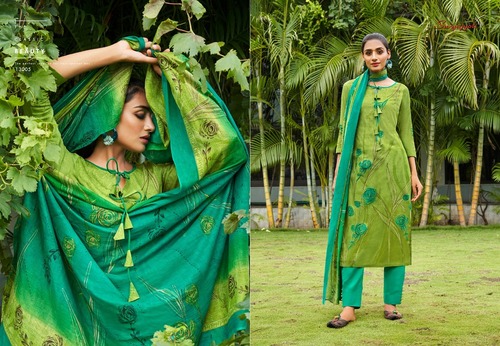 NARGIS COTTON VOL-13 - Cotton Salwar Suit Set, Cut: 2.5-2.5-2.25 Meters, Color: Light Green | Includes Chiffon Dupatta, Exclusive Pouch & Bag
