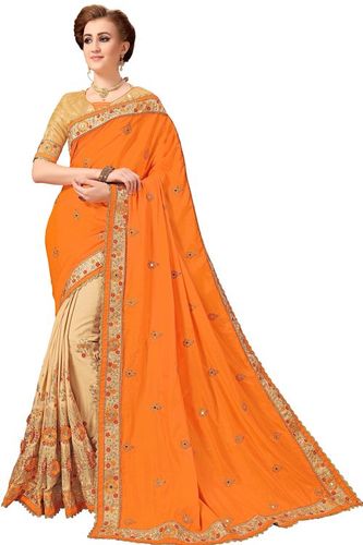 Silk & Satin Embroidery Work Saree - 5.50 Mtr Floral Design with Mirror Embroidery & Stone Work, Unstitched Dupion Silk Blouse Piece in Blue, Orange, Pink & Red