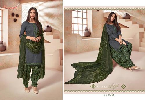 Paneree Patiala Vol-17 - Cambric Dobby Top, Cambric Print Bottom, Chiffon Dupatta, 2.5-2.5-2.25 Meter | Grey Color, Exclusive Pouch & Bag Pack