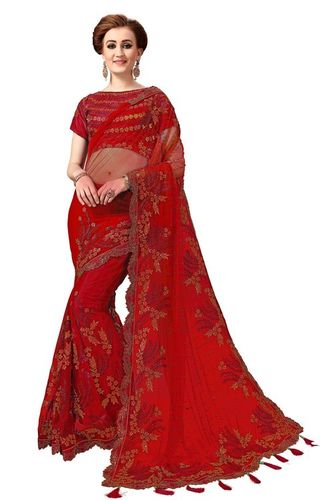 Blue Net Embroidery Work Saree