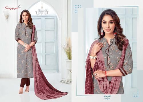 SUHANA VOL-16 - Cotton Bottom, Cambric Top, Nazmin Chiffon Dupatta | Grey Color, Exclusive Pouch with Leather Bag Pack