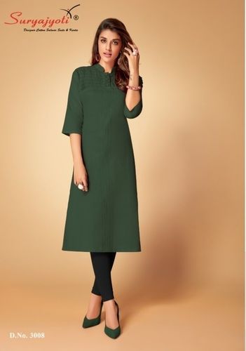 Kurti - Fancy Satin Cotton Dyed, Size L(40) Xl(42) Xxl(44), Dark Green