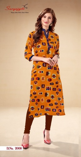 ELIZA VOL-2 - Digital Print Rayon Kurti, 45-46 Inches Length, Available in M L XL 2XL, Color: Mustard | Fancy Bag Packing Included