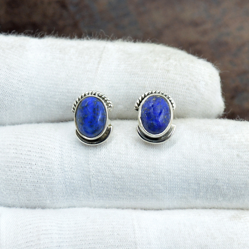 Silvesto India 925 Sterling Silver Natural Lapis Lazuli  Oval Shape Gemstone Stud Earring For Women