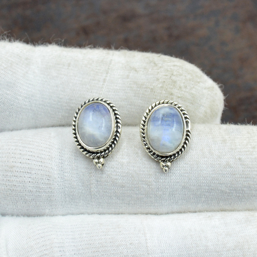 Silvesto India 925 Sterling Silver Natural Rainbow Moonstone Blue Fire Flashy Oval Shape Gemstone Stud Earring For Women