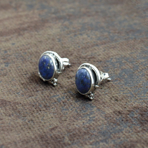 Silvesto India 925 Sterling Silver Natural Blue Lapis Lazuli Oval Shape Gemstone Stud Earring For Women Size: 1.3 Cm