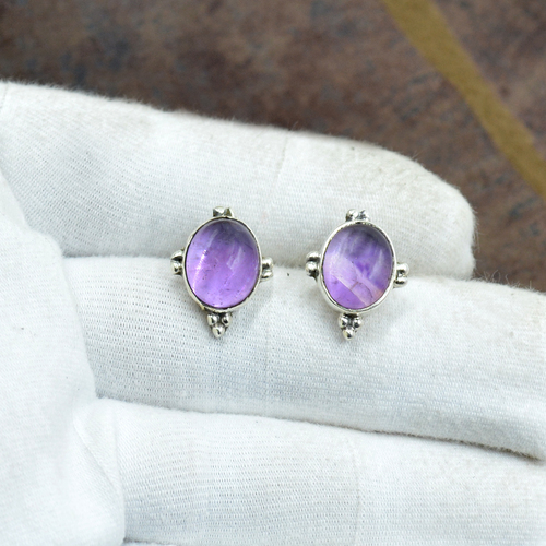 Silvesto India 925 Sterling Silver Natural Purple Amethyst Oval Shape Gemstone Stud Earring For Women- Gender: Women