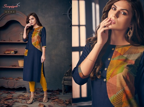 ORIA VOL-4 - Rayon Dyed & Cotton Print , 45" Length in M, L, XL, 2XL Sizes | Elegant Navy Blue Kurti for Versatile Styling