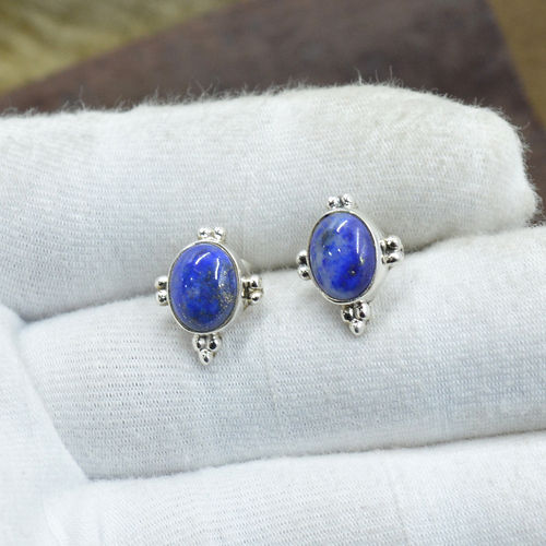 Silvesto India 925 Sterling Silver Natural Lapis Lazuli Oval Shape Gemstone Stud Earring For Women Size: 1.5 Cm