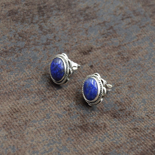 Silvesto India 925 Sterling Silver Natural Lapis Lazuli Oval Shape Gemstone Stud Earring For Women Size: 1.4 Cm